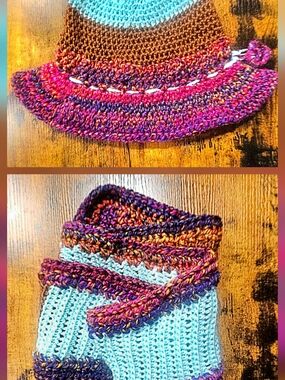 Handmade Crochet Beanie with Multicolor Brim and Matching Scarf